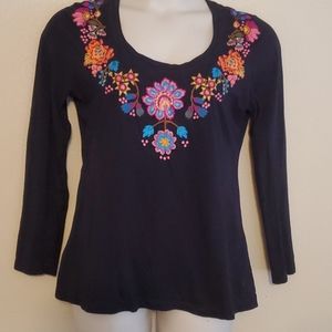 Johnny Was long sleeve black embroidered top
